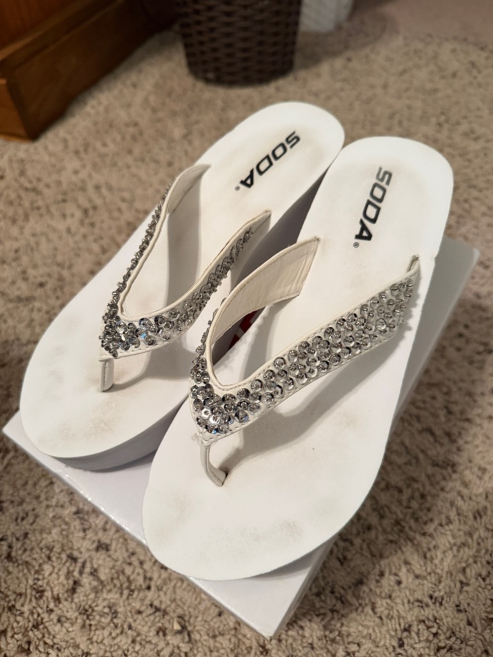 Soda White Rhinestone Embellished Thong Wedge Sandals